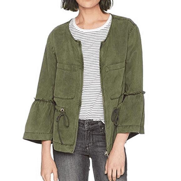 Sanctuary Womens Military Frill Peplum Jacket Full Zip Raw Edge Pockets Green XS - Picture 1 of 9